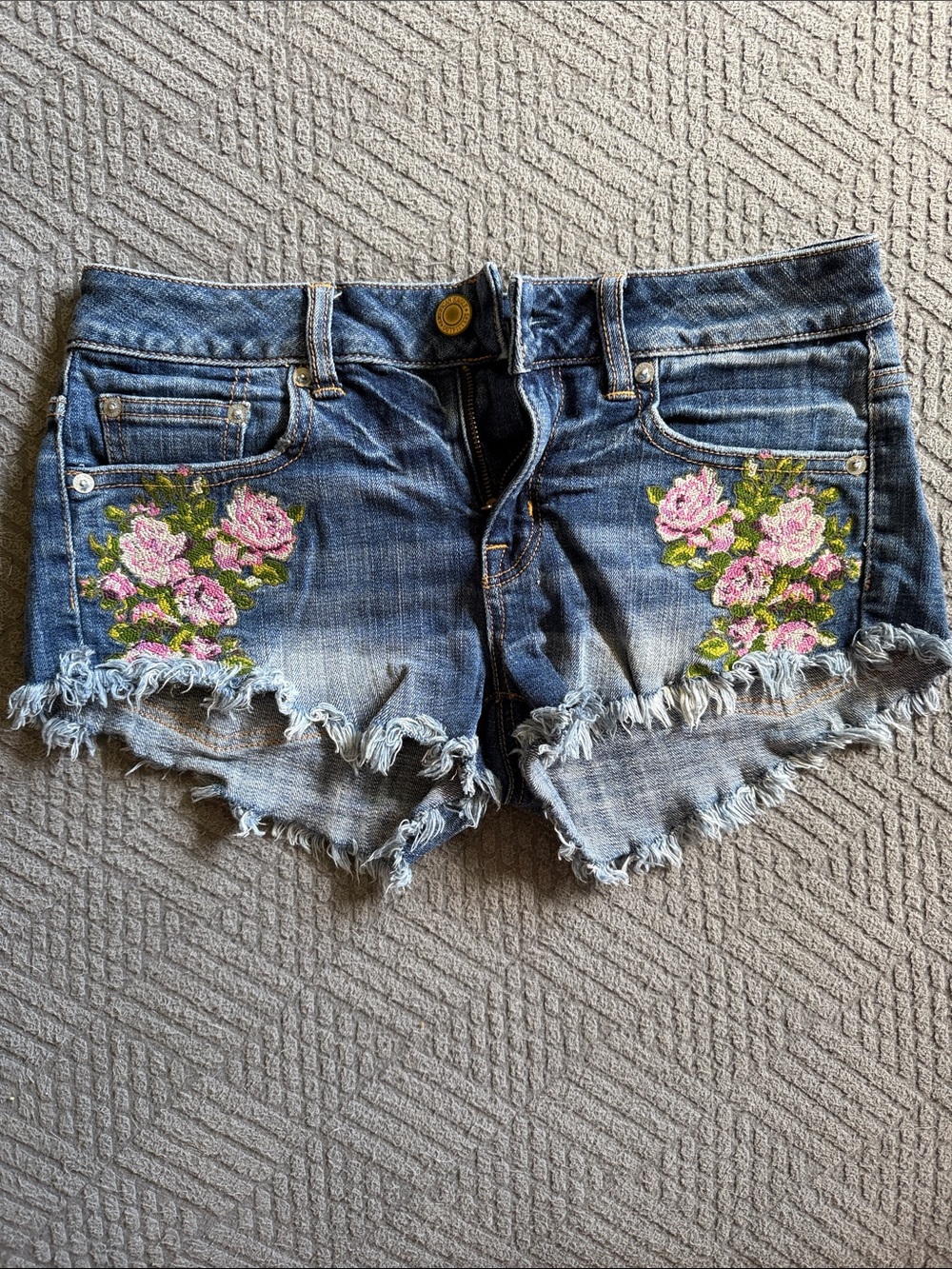 American Eagle Outfitters Blue Denim Shorts with Pink Floral Embroidery